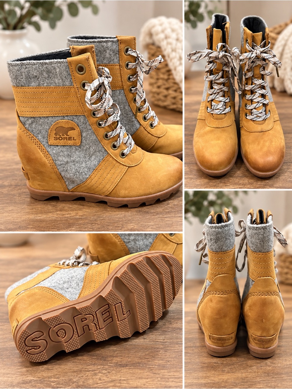 Sorel Women's Mustard Yellow and Gray Felt Lace-Up Wedge Boots Size 8.5